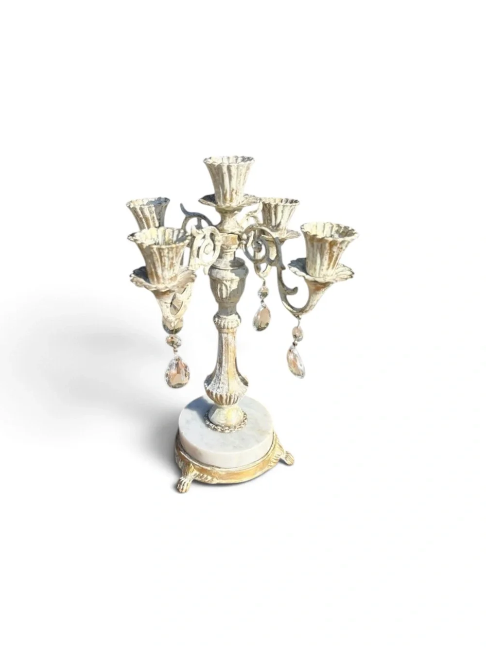 Vintage Ivory & Gold Metal Candelabra with Crystal Drops and Marble Footed Base